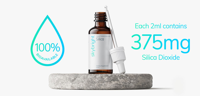 Silica Liquid Mineral. Each 2ml contains: Silica Dioxide 375mg, Purified Water. 100% bioavailable
