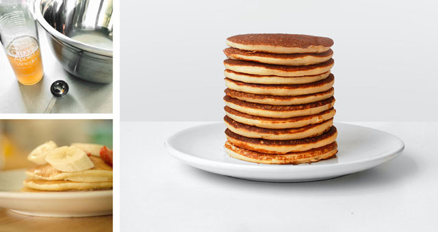 Stack of pancakes made with Organic Apple Cider Vinegar.