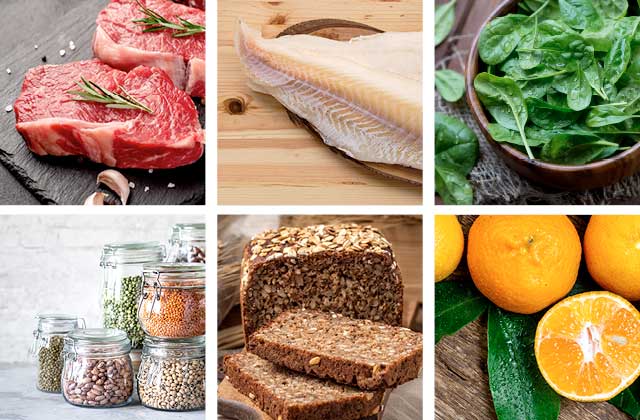 A range of foods that contain the mineral iron: beef, fish, spinach, legumes, wholegrain bread. Vitamin C helps with absorption of the mineral.