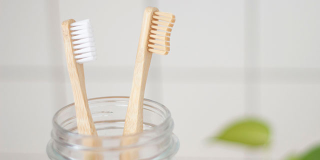 Two wooden toothbrushes in a glass jar. Spray Colloidal Silver on toothbrushes, hairbrushes and combs to safely sterilise them.