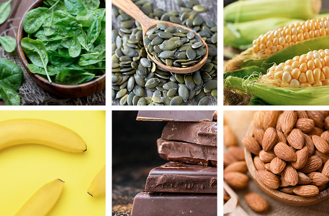 How to get more magnesium into your diet with these foods. Green leafy vegetables, pumpkin seeds, sweetcorn, bananas, dark chocolate and almonds are all good sources of magnesium.