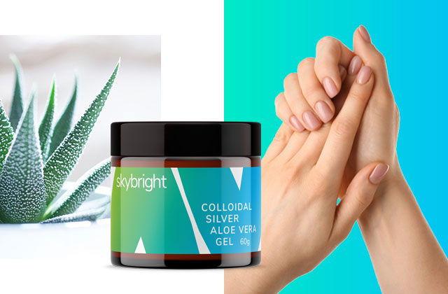 Aloe vera plant and woman rubbing hands with Skybright Colloidal Silver Aloe Vera Gel.